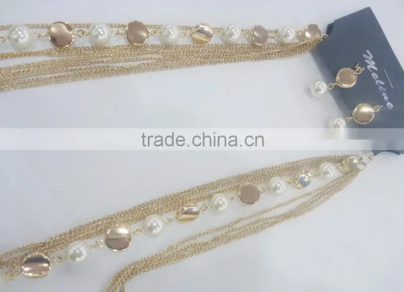 FASHION MULTI ROW CHAIN GLASS PEARL BEADED NECKLACE EARRING SET