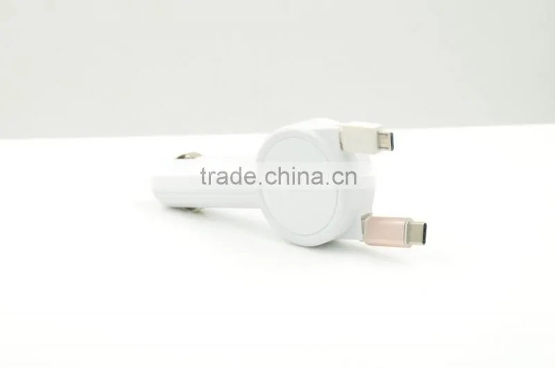 New design protable 3.1A car battery charger with double retractable built-in cable for iphone/samsung/Type-C/htc/blackberry