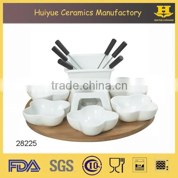 ceramic chocolate fondue set with bamboo base