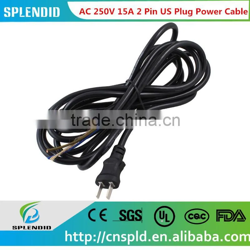 3m Length AC 250V 15A 2 Pin US Plug Power Cable Cord Black