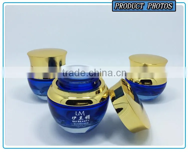 Cosmetics packaging bule colored glass pump bottle and glass cosmetic jar