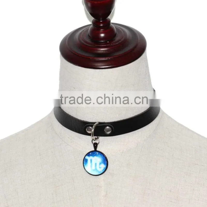 Fashion Women Man Round Zodiac Pendant Necklace Leather Chain Necklace Choker Vintage Jewelry