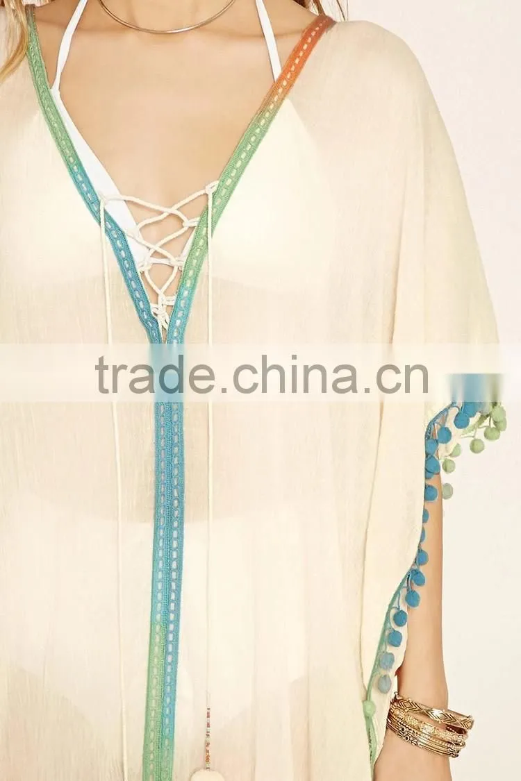 2016 New Style V neck Long Dress Europe Pom-Trim Dress For Women