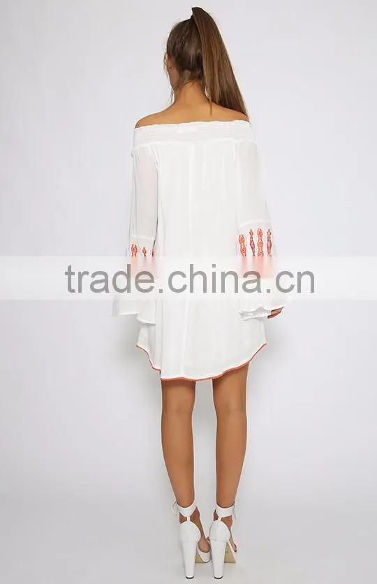 Hot-selling Off Shoulder Butterfly Sleeve Embroidered Stitch Tunic Dress