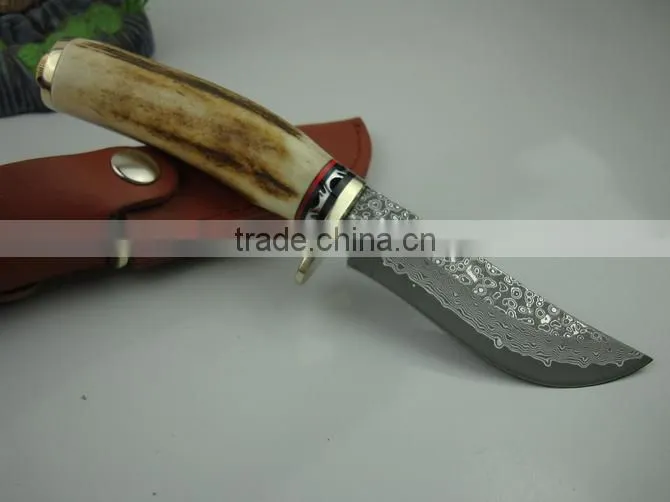 OEM damascus blade hunting knife with antlers handle