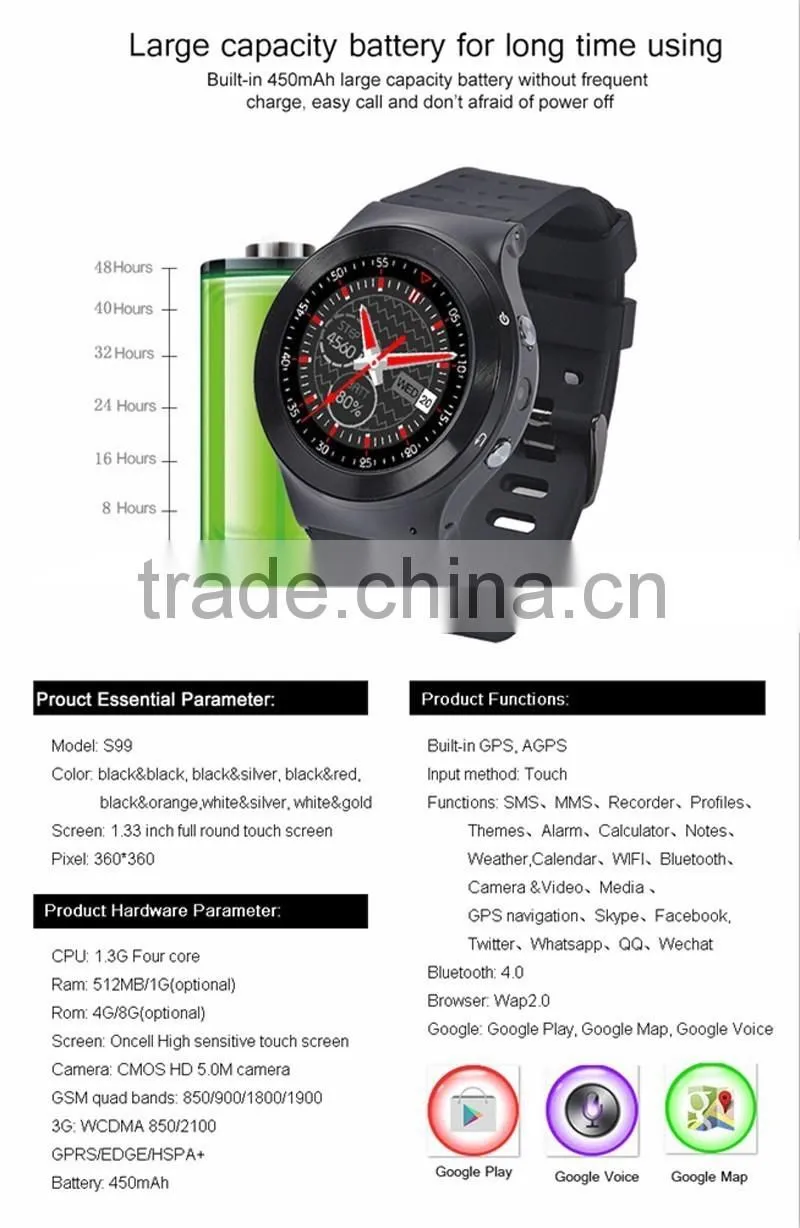 Android 5.1 GSM Bluetooth 4.0 3G Quad Core with Camera Sim Card Smart Watch