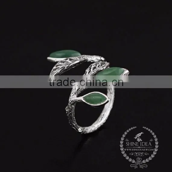 925 Sterling solid silver leaf branch aventurine adjustable ring fashion women jewelry 6260548