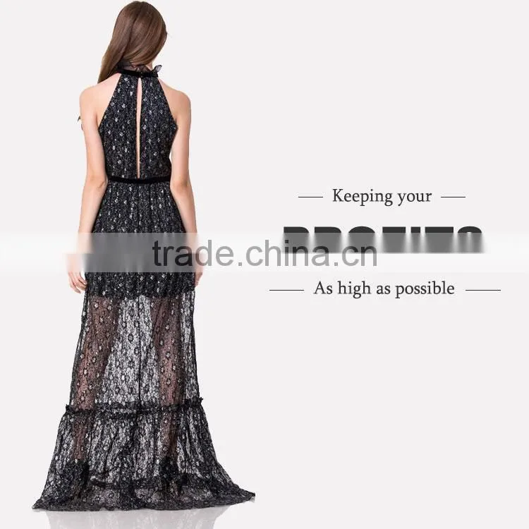 Free Sample Woman Casual Wholesale Long One Piece Maxi Fashion Black Lace and Sequin Evening Dress with Silver Threads