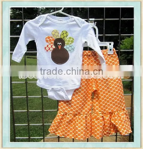 Baby Thanksgiving Ruffle Pants and Onesie Set- Polka Dot Thanksgiving Turkey Applique White Romper Orange Polka Dot Ruffle Pants