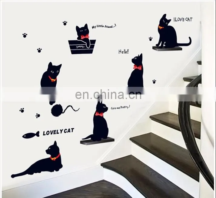 Black Cat on the Stair with Red Tie PVC Wall Sticker Home Decoration