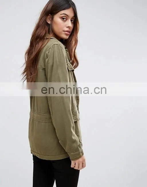 2016 fashion Laper collar long sleeve women army green front button jacket