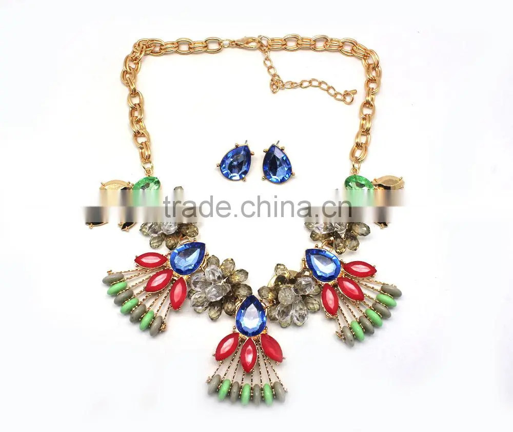 2015 latest design beads fashion jewelry crystal necklace set alloy glass beads jewelry set for women