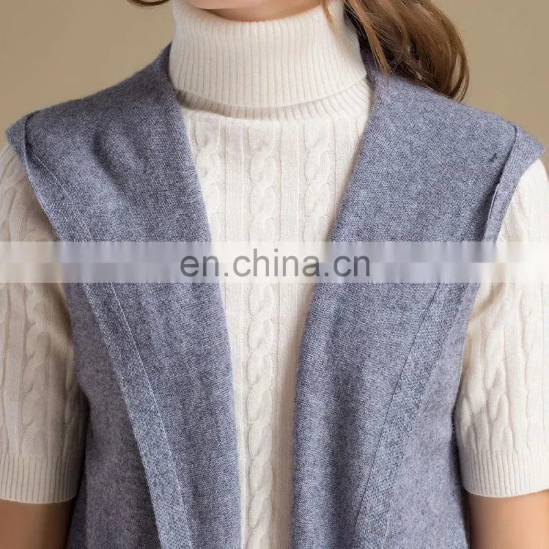 100% Cashmere Women's Sleeveless Hooded Cardigan Sweater Knitted Long Anti-Wrinkle Autumn High Street OEM Service Available