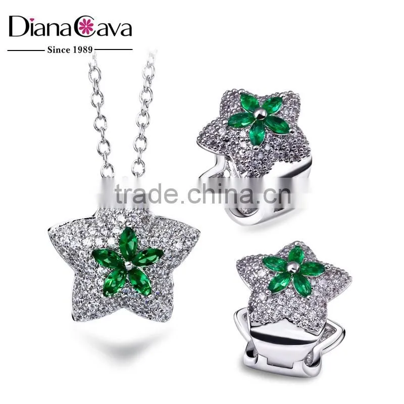 New White Gold Green Color CZ Stones Star Charm Pendant Jewelry Necklace Set