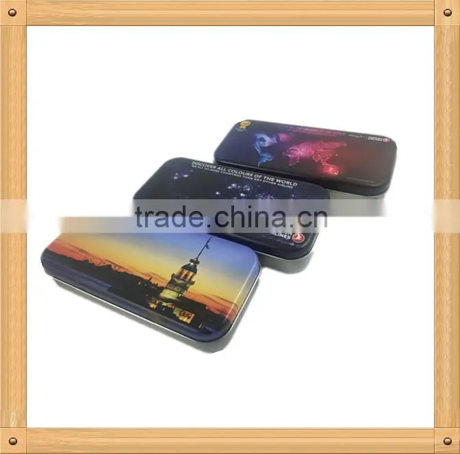 custom rectangular metal pencil tin with hinge lid