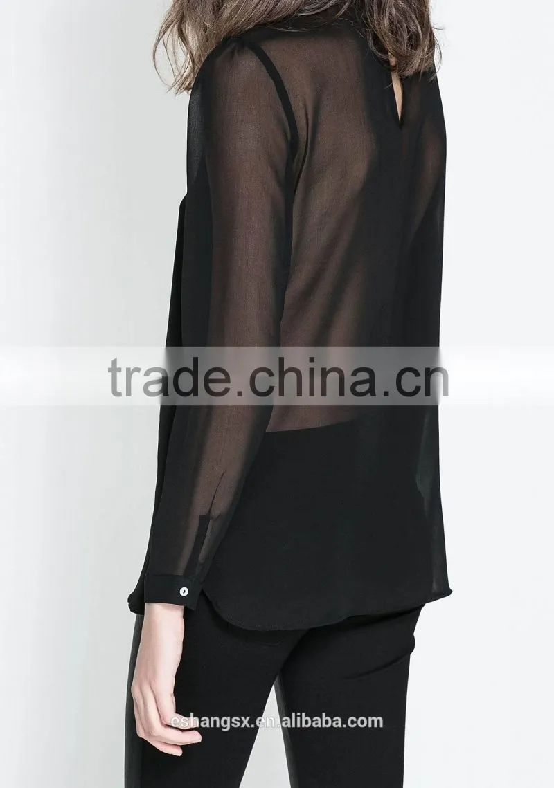 Ladies chiffon sheer pure black shirts
