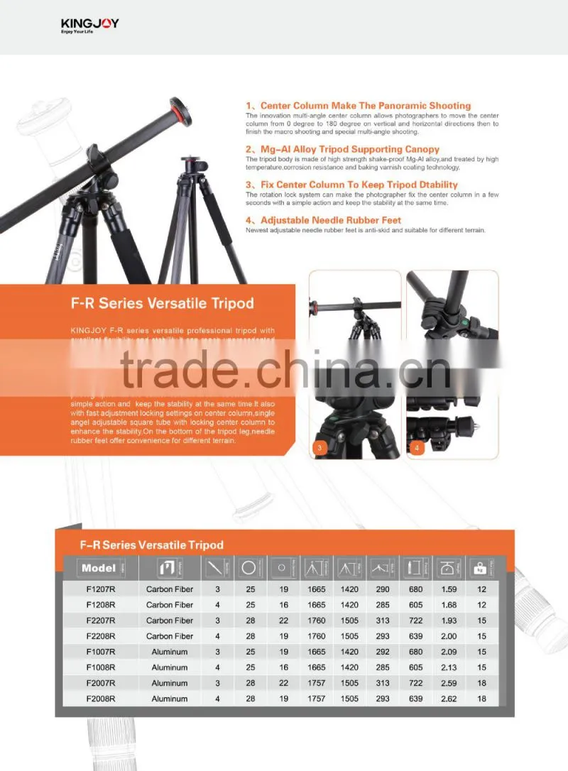 High quality versatile tripod with swiveling center column T1207R