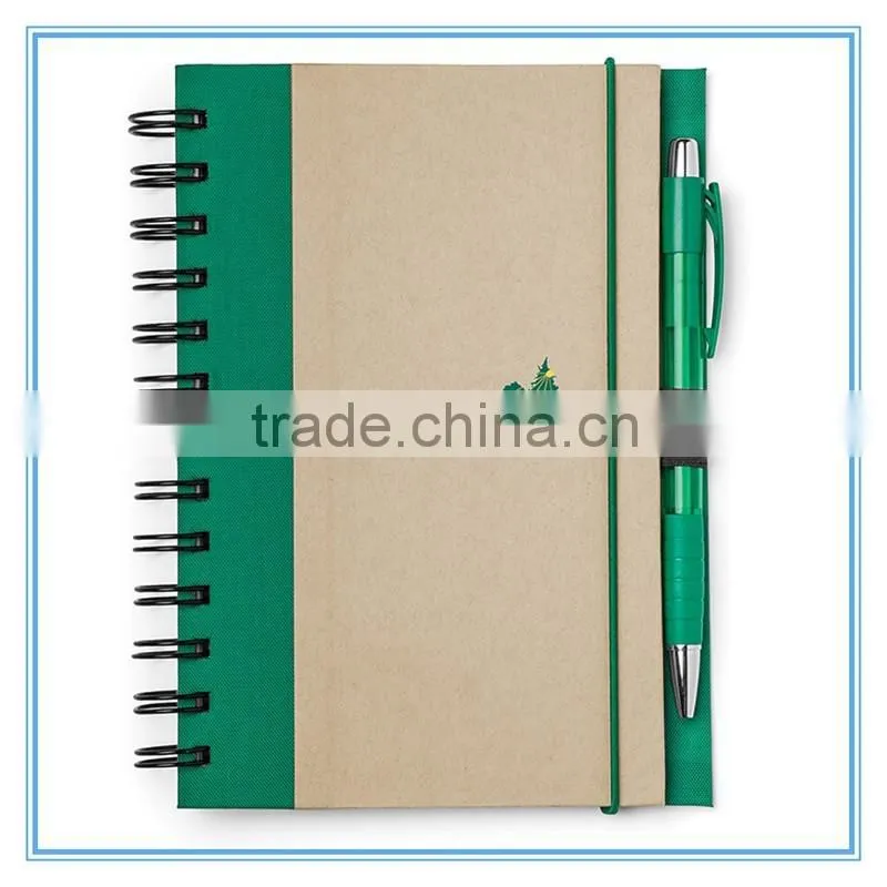 Double spiral recycle paper cover note book with pen