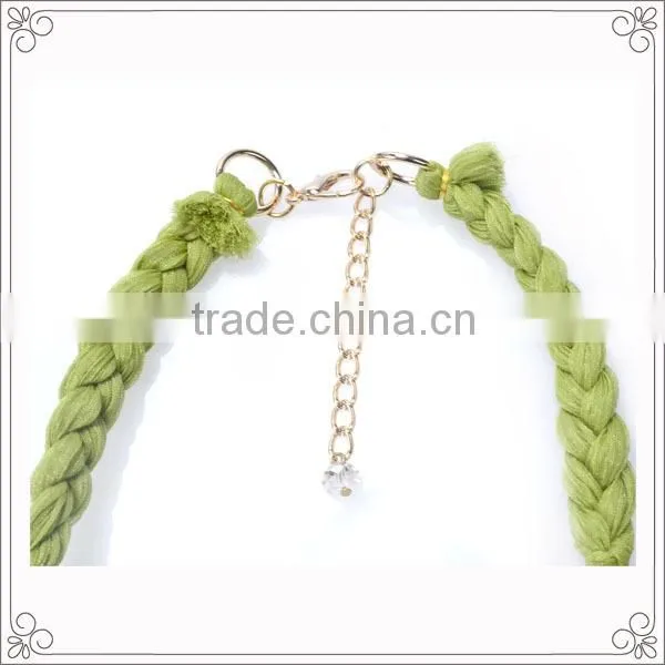 Green Color Ribbon Collar Necklace With Crystal Chain