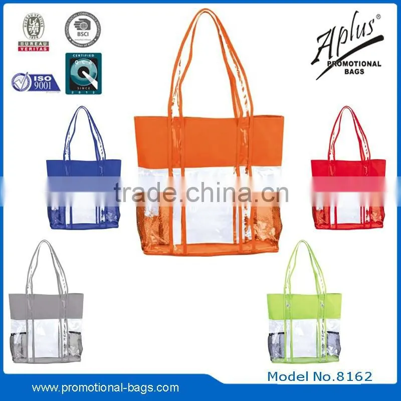 clear PVC custom tote bag with two side mesh pockets