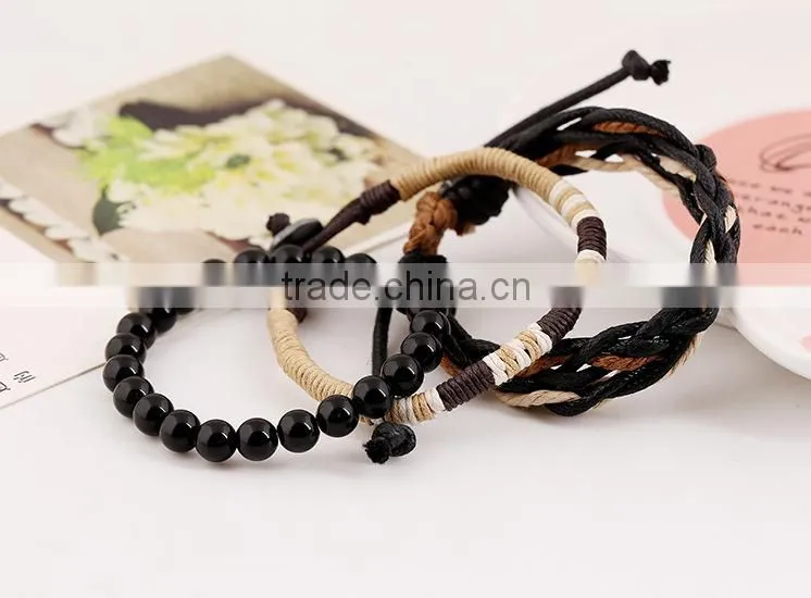 wood bead custom leather braided bracelet, leather beaded wrap bracelets