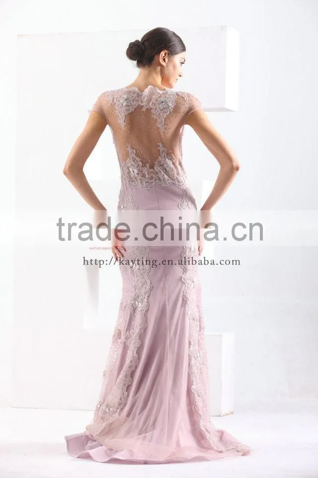 Gorgeous V-neck Cap Sleeve Pretty Appliqued Beaded Sequins Real Sample Prom Dress