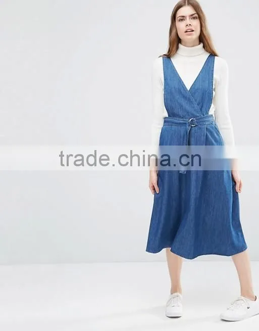 Wrap Front Pinafore Midi Dress Denim Dresses Women