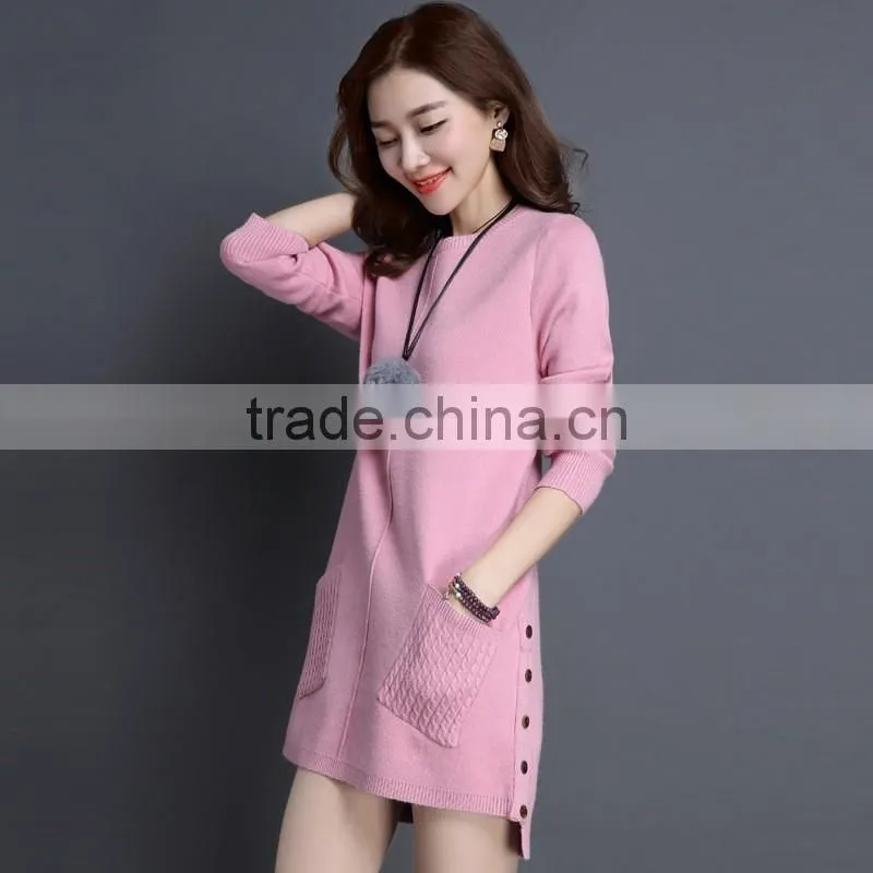2016 hot sale fashionable pink lady long sleeve patchwork women wool sweater