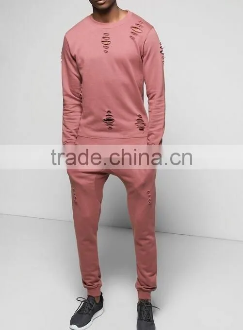 Custom sports tracksuits for men hot sale pullover distressed tracksuit
