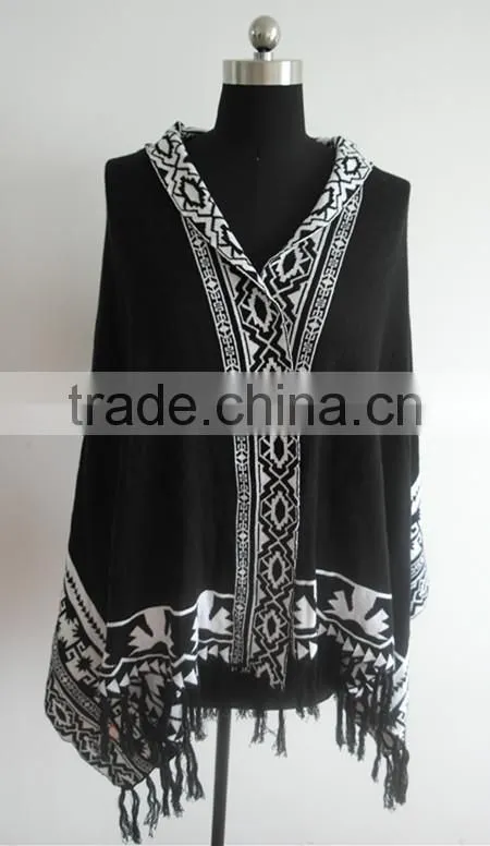 Fashion ladies jacquard knitted hoody poncho sweater