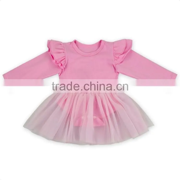 Baby girls pink 2 pcs clothes set wholesale cotton long ruffle sleeve tutu romper dress boutique clothing