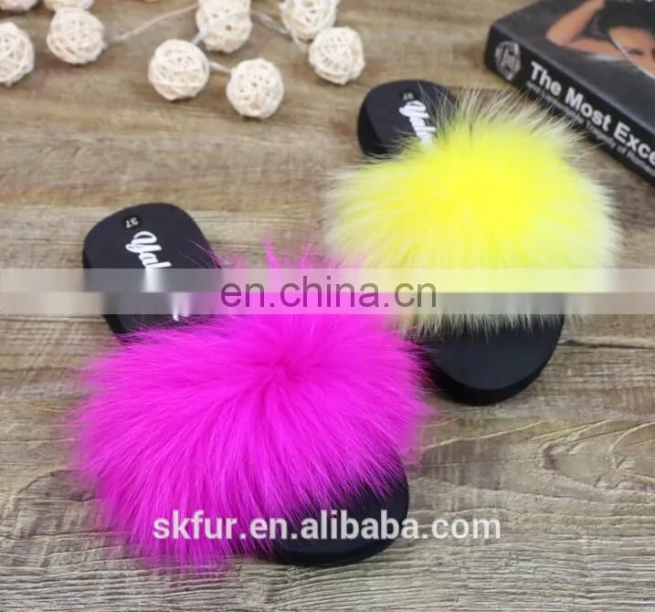 Factory wholesale long hair and soft real fox fur slides for women