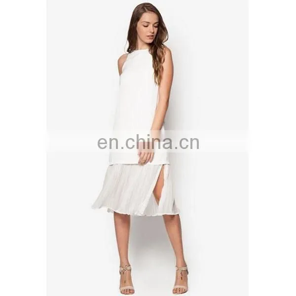 Fashion ladies clothes latest design pleat hem sleeveless white women dress