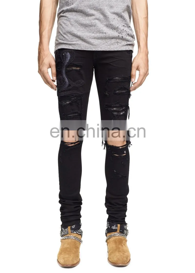 DiZNEW Guangzhou Factory Distressed Damage Embroidered Snakes Jeans Men
