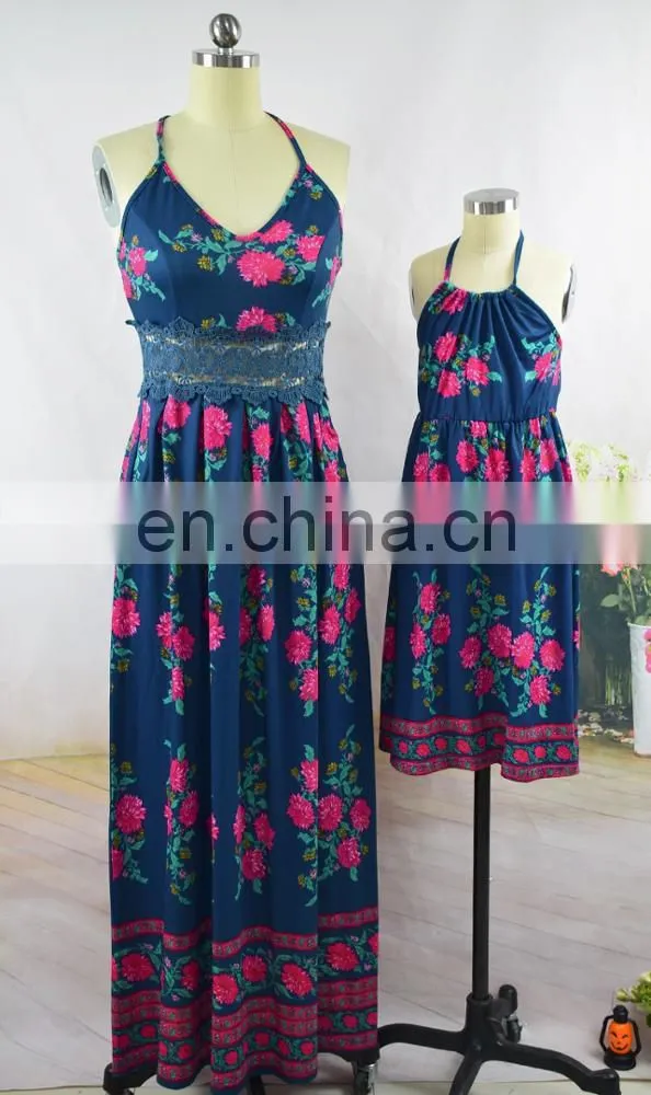 Fashion design mommy and me outfits blue floral printed mother daughter matching dress