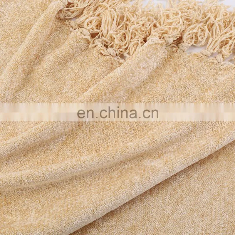 Best Quality Light Yellow Acrylic High Quality Blanket Jacquard Knitted Blanket With Tassels