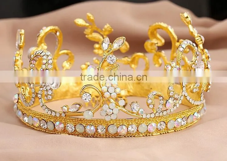 Top quality handmade bridal hair accessories luxury rhinestone crown gold plated hair accessories