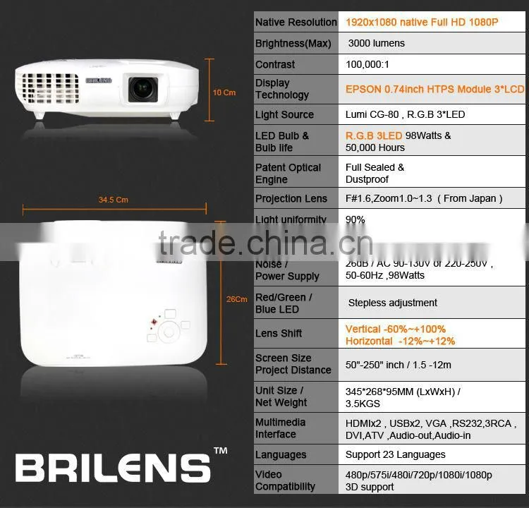 Brilens TL1920 Vicky 3 LED 3 LCD 1920 X 1080 WQXGA 3000 Lumens projetor profissional sansung