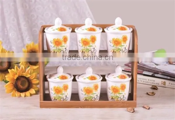 Ceramic Material 6 PCs Kitchen Canisters Set with Bamboo Stand
