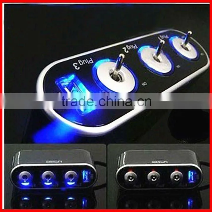 3-Way Car Cigarette Lighter Socket Splitter with Switch&USB
