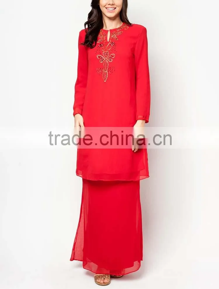 Red 100% polyester embroidered beaded elegant women muslim dress