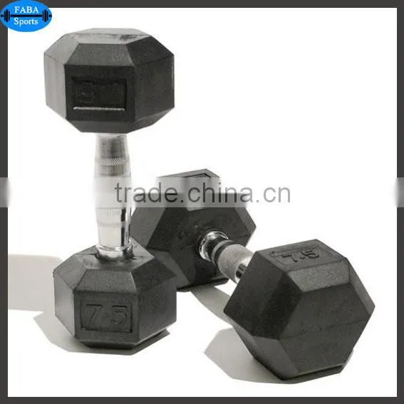 Black rubber coated hex dumbbell