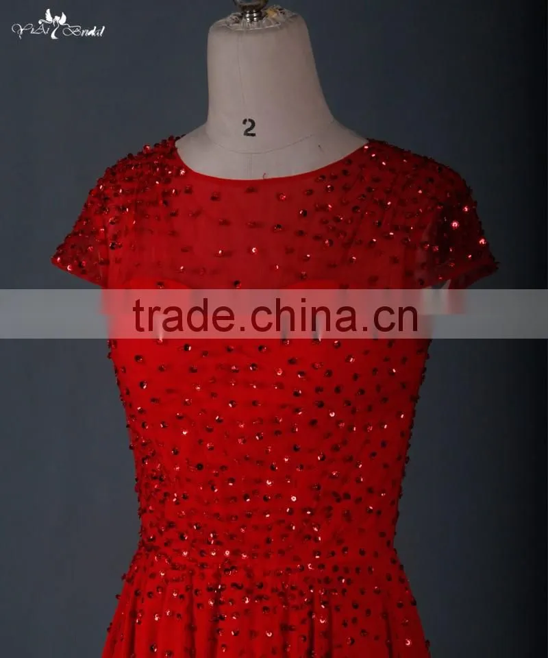 RSE666 Cap Sleeve Flowing Chiffon Free Shipping Custom-Made Long Red Prom Dresses