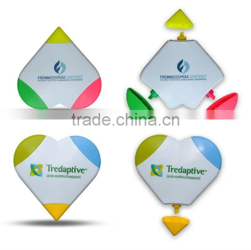 3 in 1 fluorescent heart shaped beautiful love highlighter promotional gift/fancy 3in1 highlighter/multi colored highlighter pen