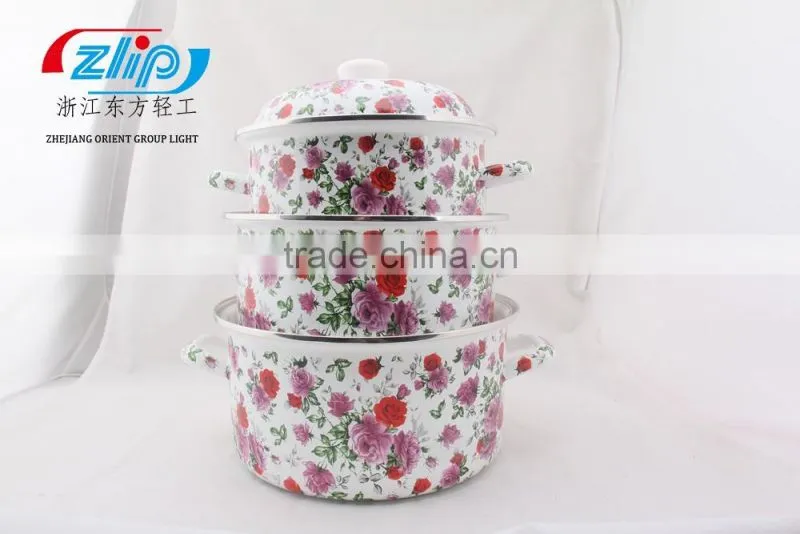 The Best Quality 3 Pcs Enamel Casserole With Metal Cover Beautiful Decal