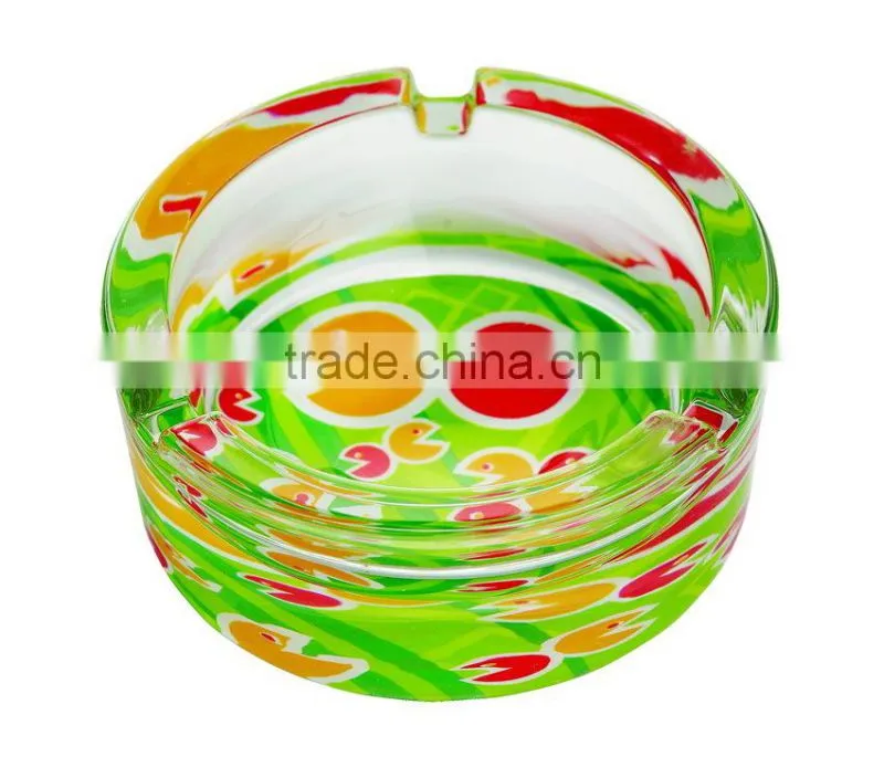 High quality glass ashtray with decal on bottom,round glass ashtray, pocket ashtray