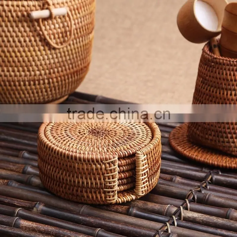 Handmade rattan cup holder / set of 6 rattan coasters made in Vietnam