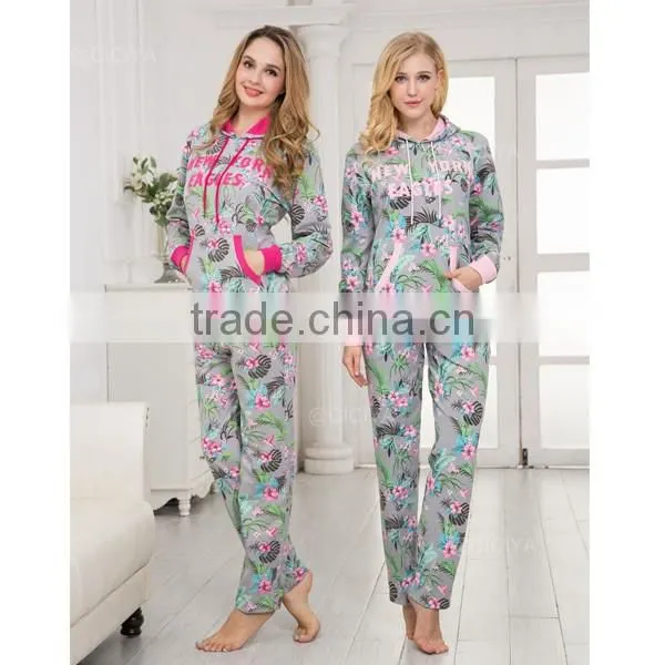 Wholesale custom women fancy printed pajama hoody+pant cvc french terry comfortable design winter pajamas set for women