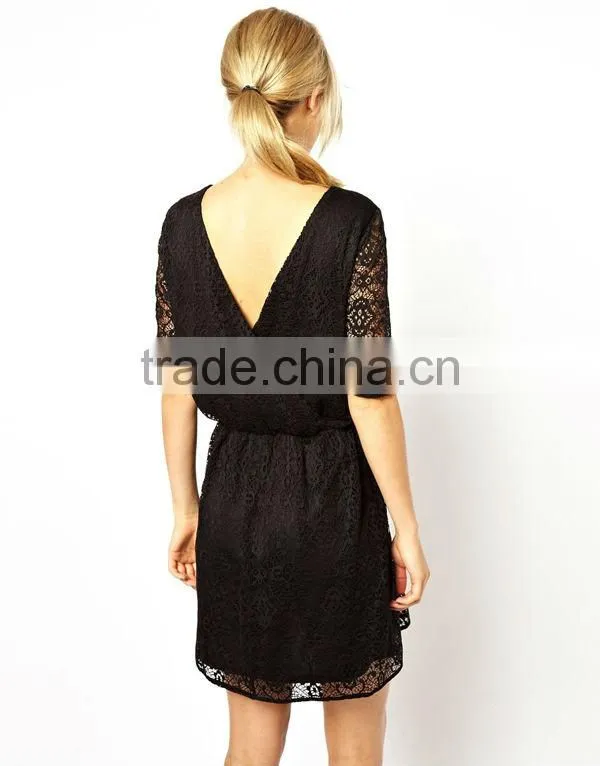 Red Skater Dress In Lace With Wrap Back