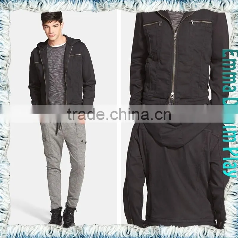2016 Wholesale Autumn Fashion Men Zipper Soild Black Denim Jackets with Hooded